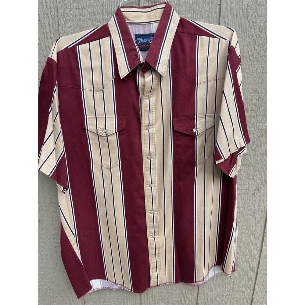 Vintage Wrangler Pearl Snap Western Shirt XL Burgundy Tan Striped Cowboy Cotton